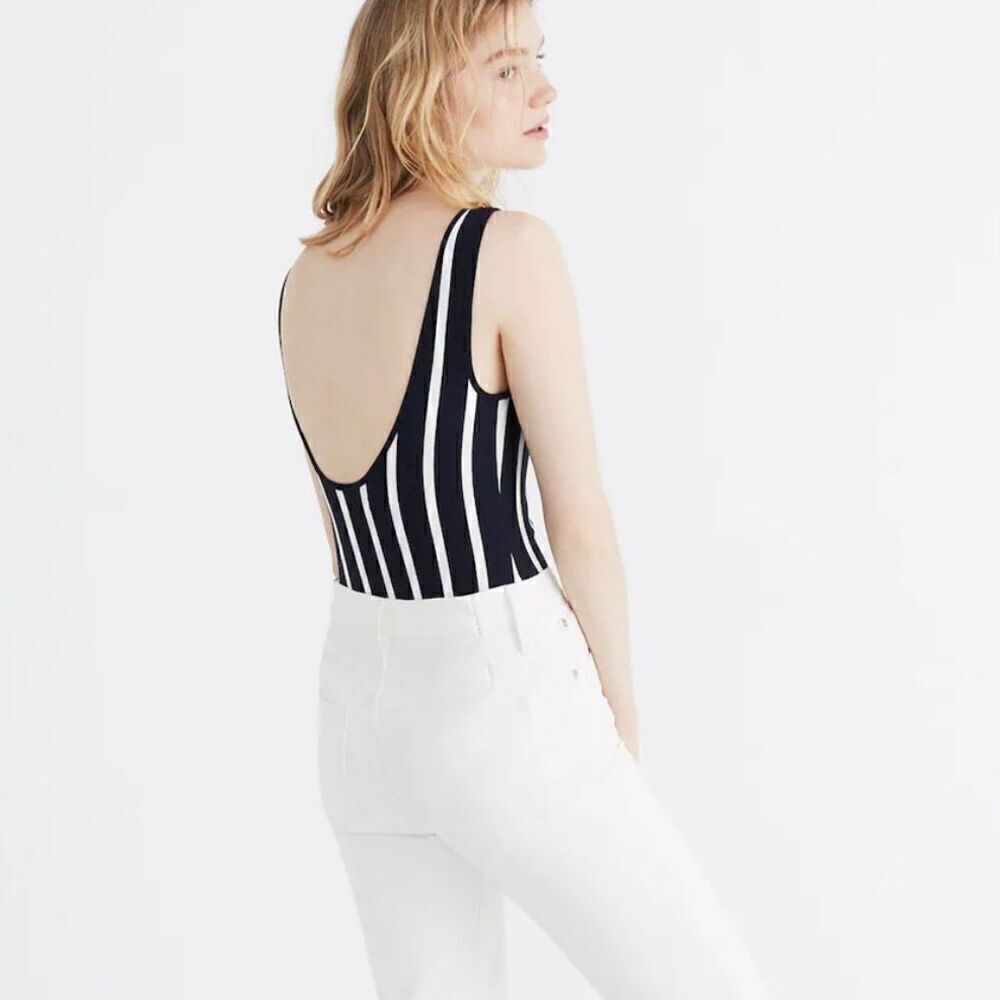 Madewell Scoop Back Bodysuit Sleeveless Rikki Stripe Women Small‎ Blue White - Picture 3 of 11
